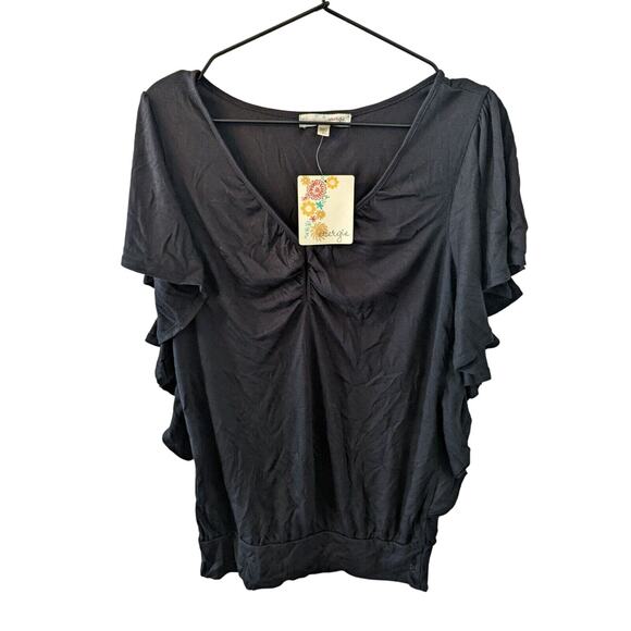 Vintage Y2K Energie Womens Sz L Solid Black Flutter Sleeve Blouse NEW - Picture 1 of 3